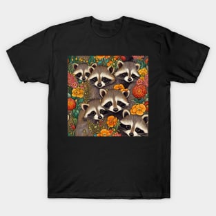 Raccoon Babies Cute Little Baby Raccoons and Flowers T-Shirt